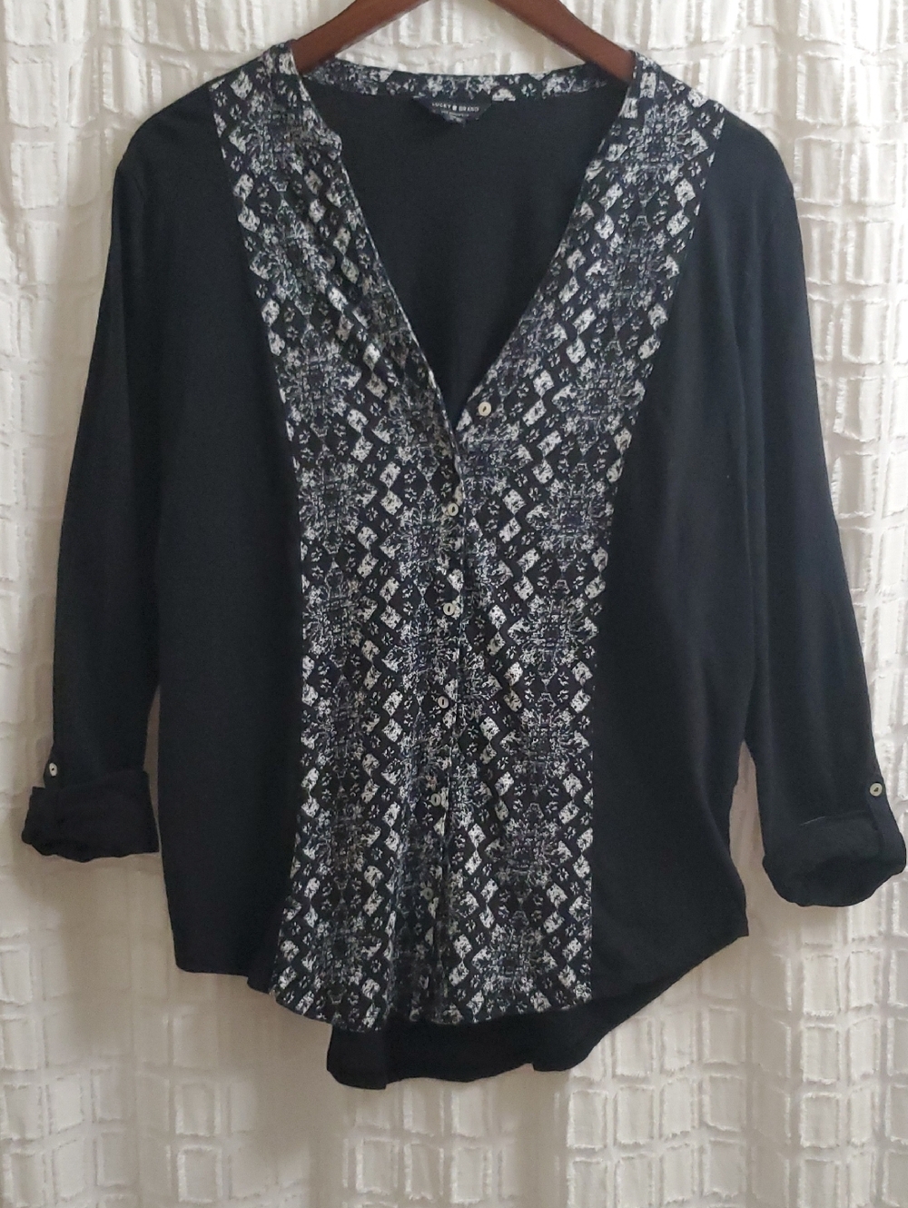 Lucky Brand Black Button-Front Blouse with Patterned Placket